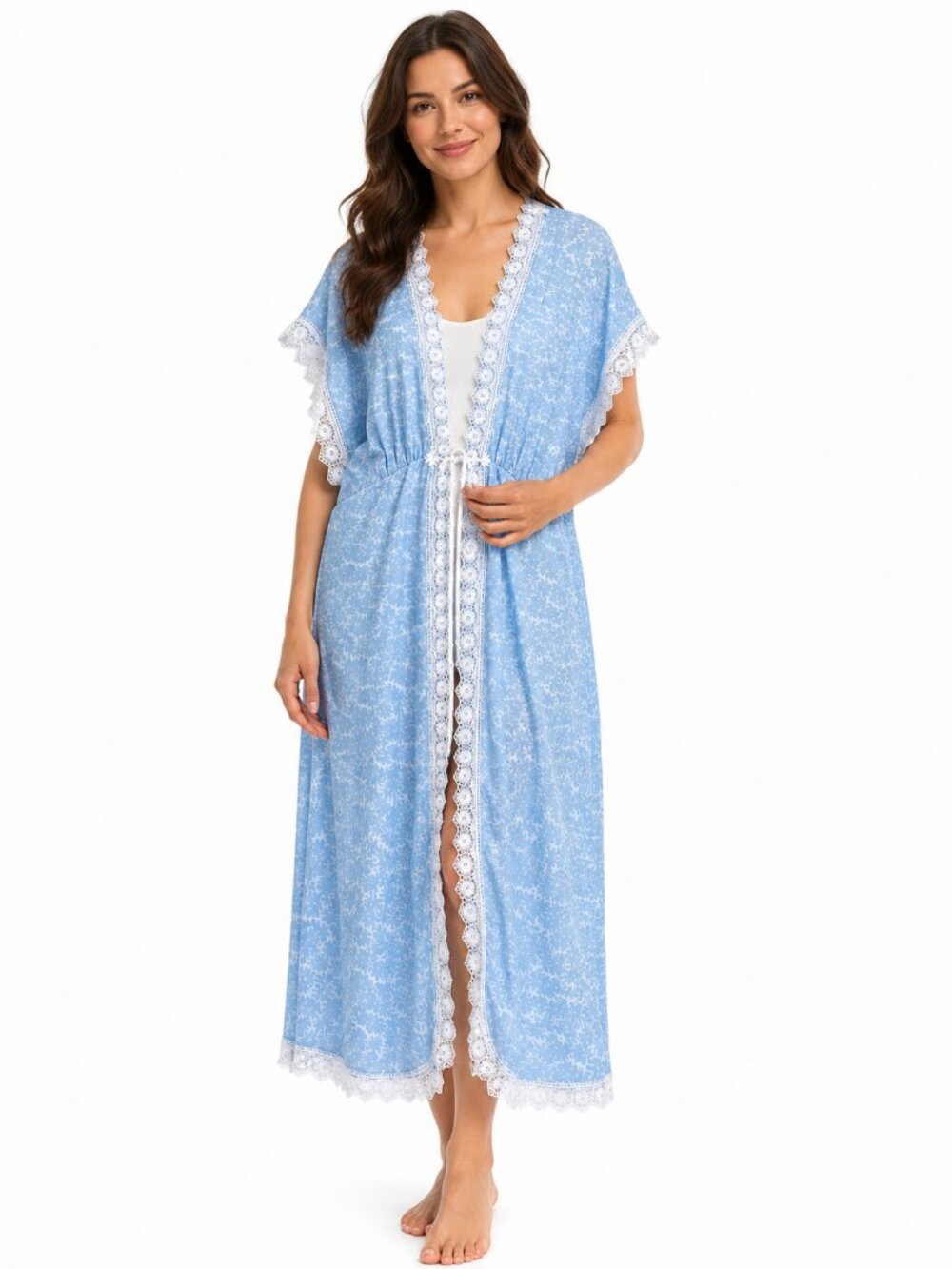 Light Blue Cotton Lace Cover-Up Dress / Robe – XL–XXL – Romantic Cottagecore